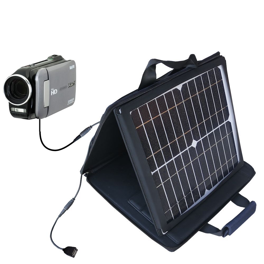 SunVolt Solar Charger compatible with the Sanyo Xacti GH4 / VPC-GH4 and one other device - charge from sun at wall outlet-like speed
