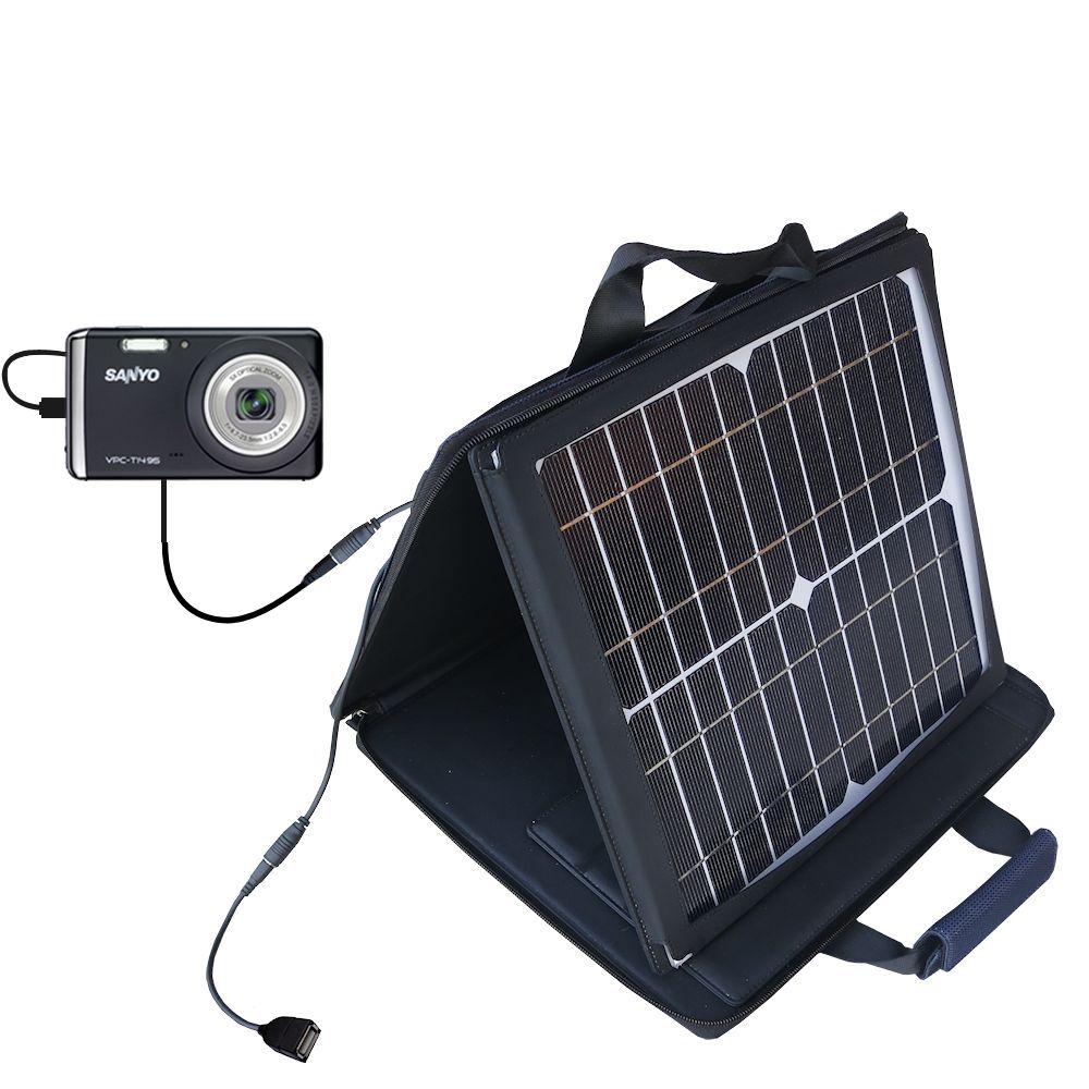 SunVolt Solar Charger compatible with the Sanyo Xacti VPC-T1495 and one other device - charge from sun at wall outlet-like speed