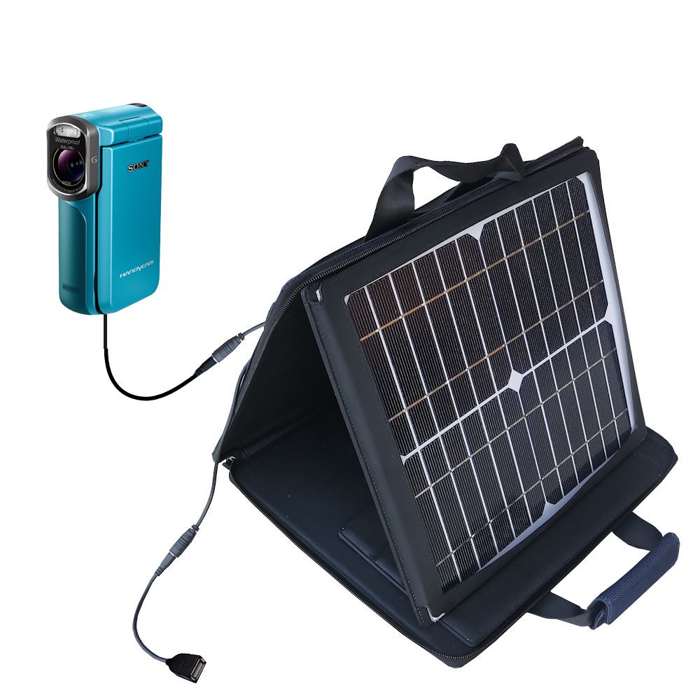 SunVolt Solar Charger compatible with the Sony HDR-GW77V/B / HDR-GW77 and one other device - charge from sun at wall outlet-like speed