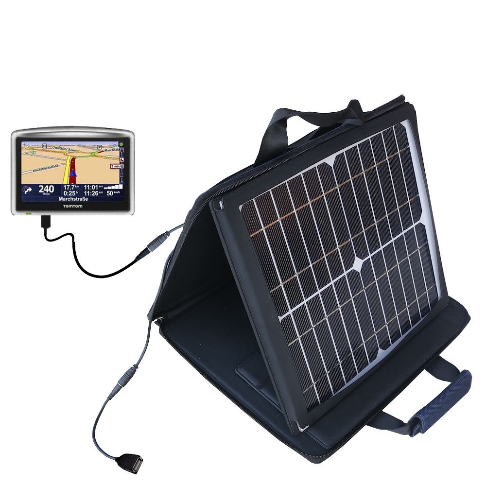 SunVolt Solar Charger compatible with the TomTom ONE XL Europe and one other device - charge from sun at wall outlet-like speed