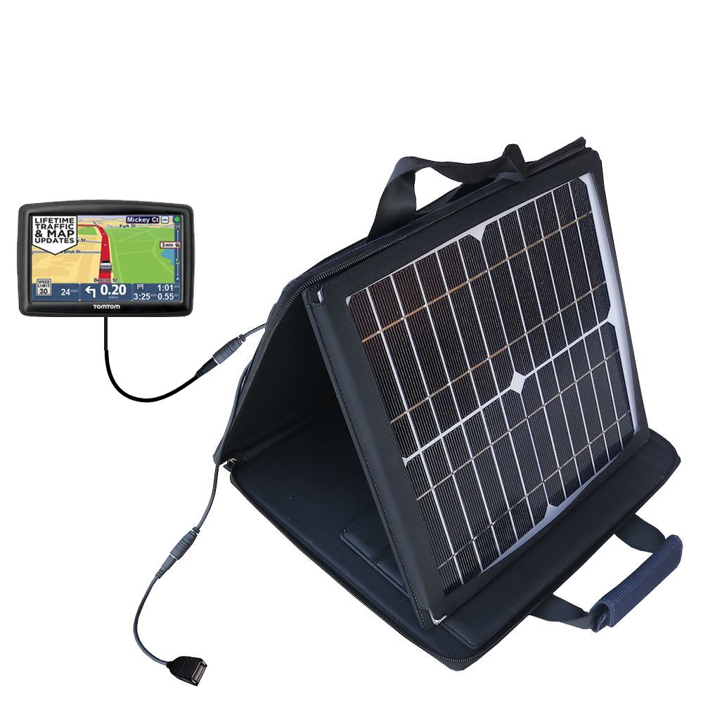 SunVolt Solar Charger compatible with the TomTom START 45 45M 45TM 55 55M 55TM and one other device - charge from sun at wall outlet-like speed