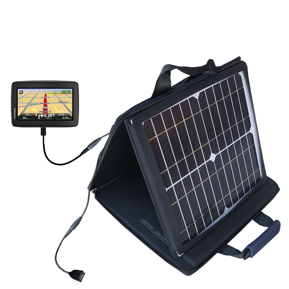 SunVolt Solar Charger compatible with the TomTom VIA 1435 1435TM and one other device - charge from sun at wall outlet-like speed