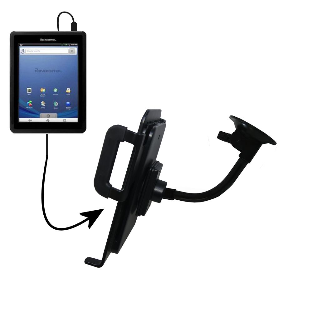 Gooseneck Holder Base with Suction Cup Mount compatible with Pandigital Novel R70E200 - Black Model Tablet