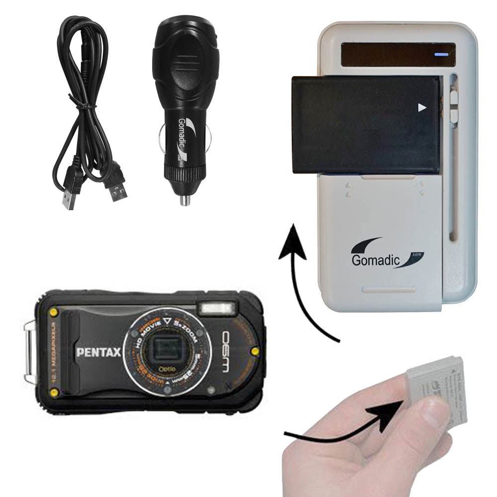Gomadic Portable External Battery Charging Kit suitable for the Pentax Optio W90 Includes Wall