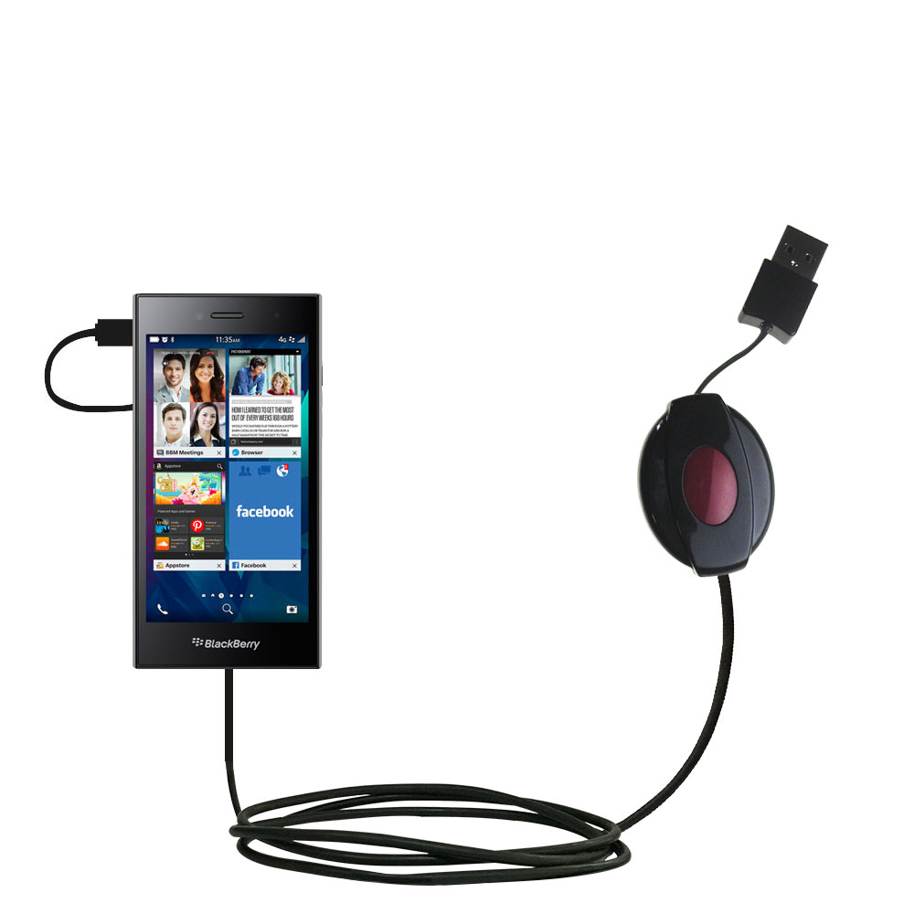 Retractable USB Power Port Ready charger cable designed for the Blackberry Leap and uses TipExchange