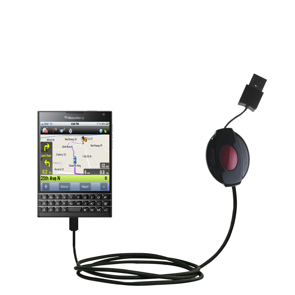 Retractable USB Power Port Ready charger cable designed for the Blackberry Passport and uses TipExchange