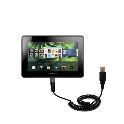 Coiled Power Hot Sync USB Cable suitable for the Blackberry Playbook Tablet with both data and charge features - Uses Gomadic TipExchange Technology