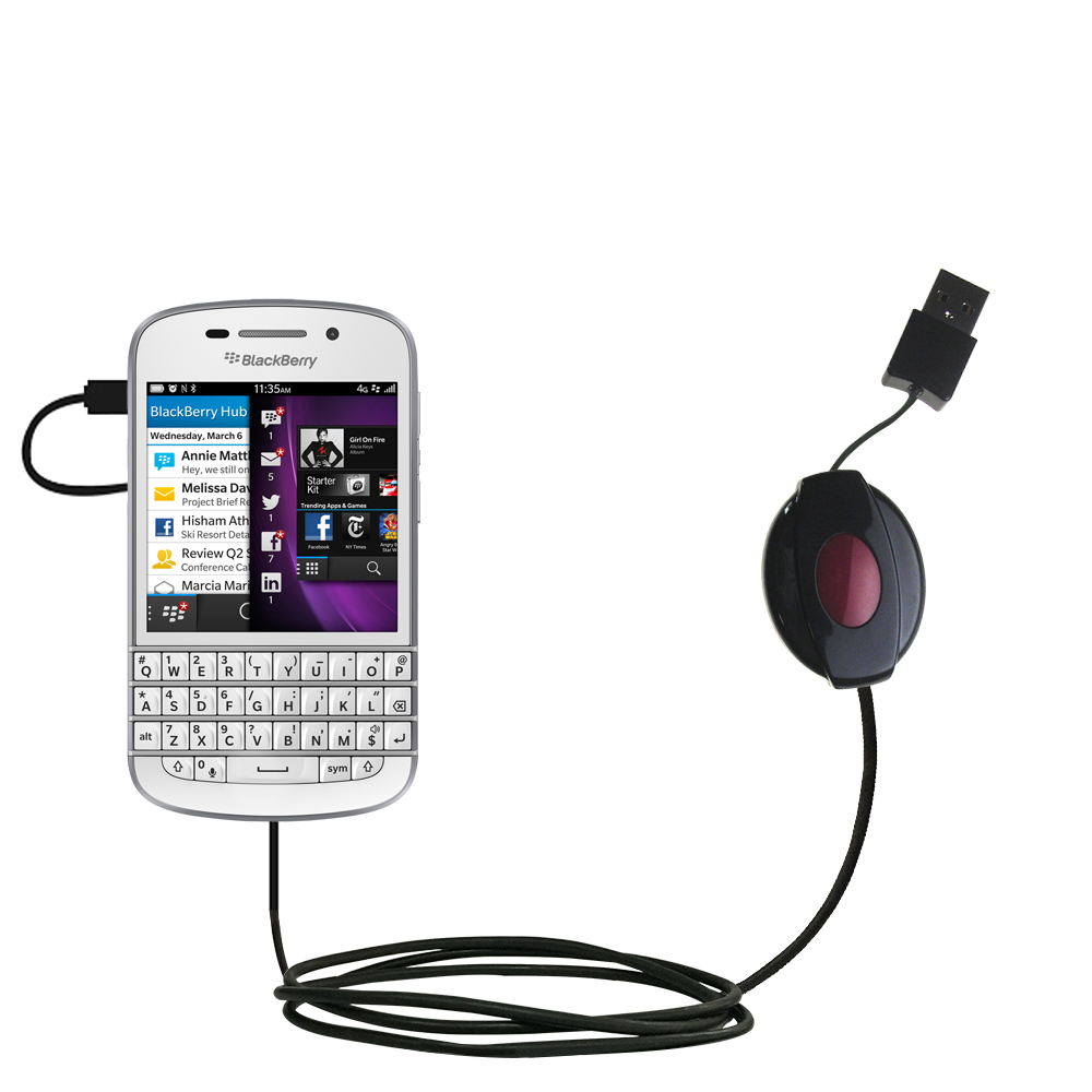 Retractable USB Power Port Ready charger cable designed for the Blackberry Q10 and uses TipExchange