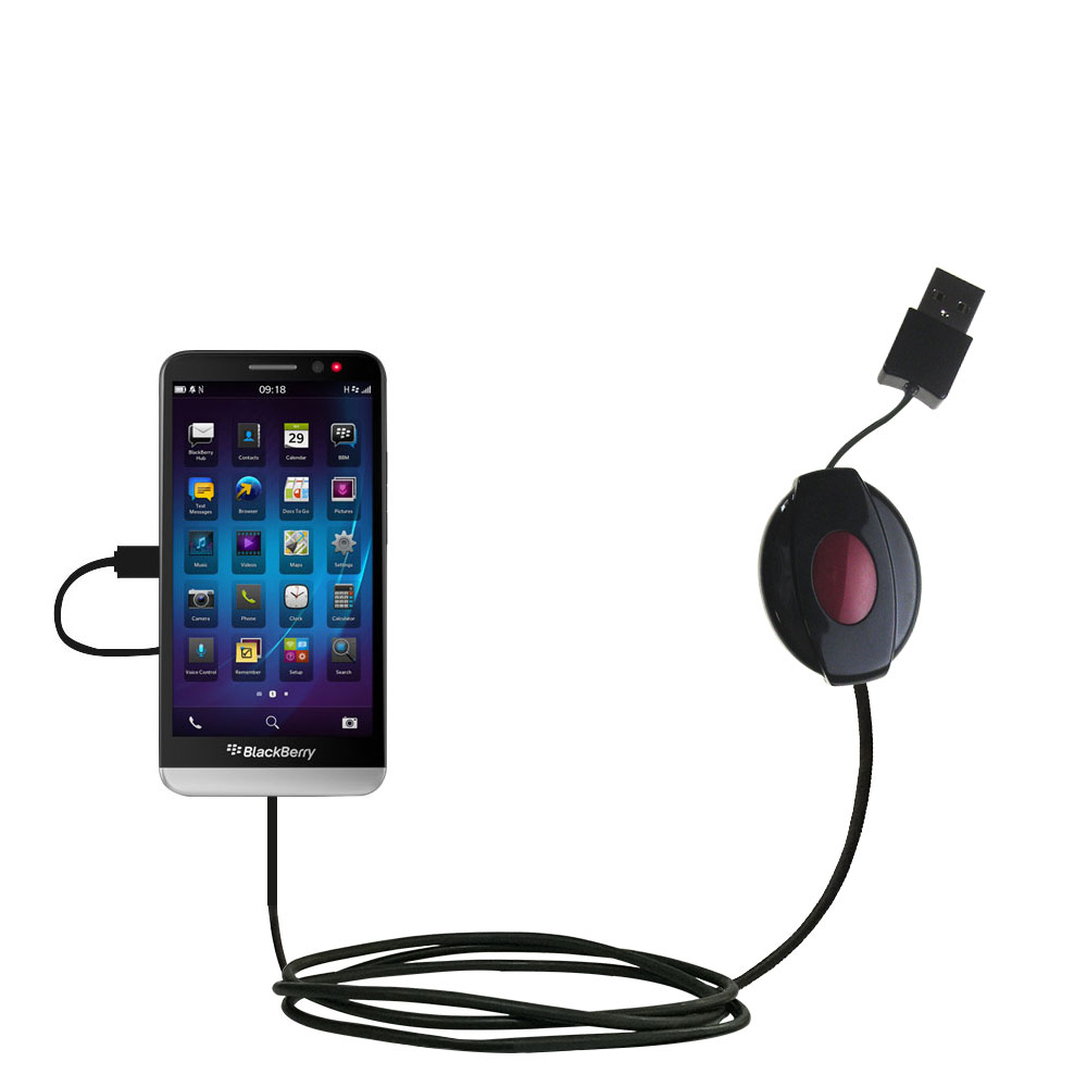 Retractable USB Power Port Ready charger cable designed for the Blackberry Z30 and uses TipExchange