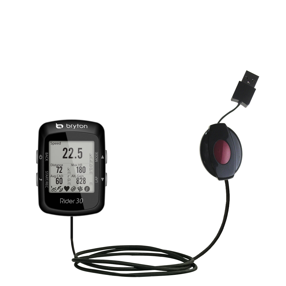 Retractable USB Power Port Ready charger cable designed for the Bryton Rider 30 and uses TipExchange