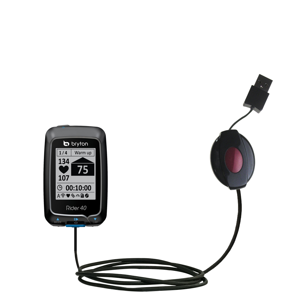 Retractable USB Power Port Ready charger cable designed for the Bryton Rider 40 and uses TipExchange