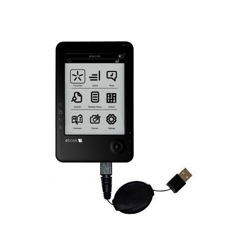 Retractable USB Power Port Ready charger cable designed for the Elonex 621EB eInk eBook Reader and uses TipExchange