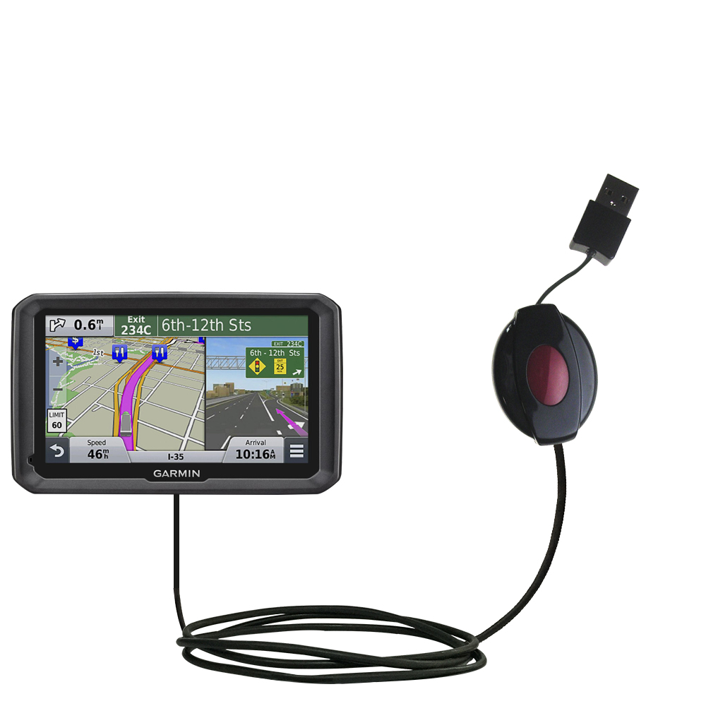 Retractable USB Power Port Ready charger cable designed for the Garmin dezl 570 LMT and uses TipExchange