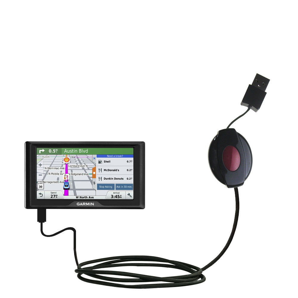 Retractable USB Power Port Ready charger cable designed for the Garmin Drive 51 / 61 and uses TipExchange