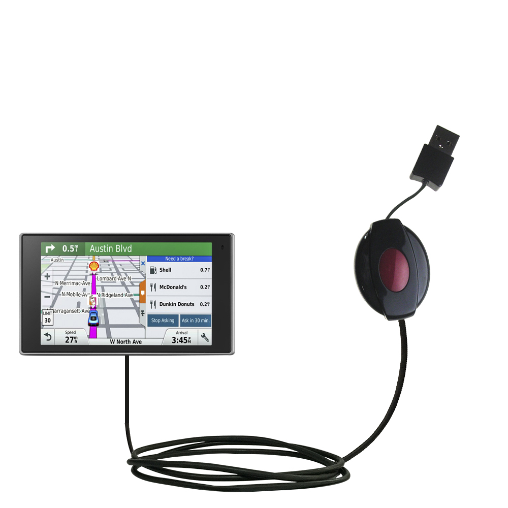 Retractable USB Power Port Ready charger cable designed for the Garmin DriveLuxe 50LMTHD and uses TipExchange