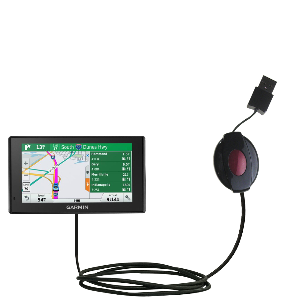 Retractable USB Power Port Ready charger cable designed for the Garmin DriveSmart 70LMT and uses TipExchange