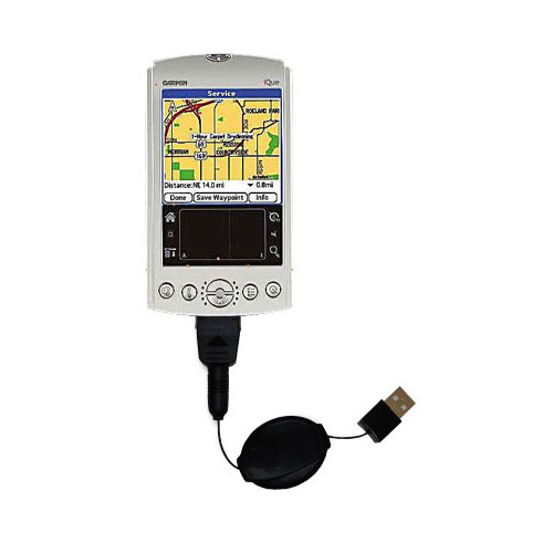 Retractable USB Power Port Ready charger cable designed for the Garmin iQue 3200 and uses TipExchange