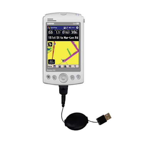 Retractable USB Power Port Ready charger cable designed for the Garmin iQue M3 and uses TipExchange
