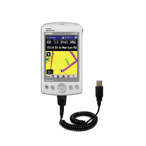 Coiled Power Hot Sync USB Cable suitable for the Garmin iQue M5 with both data and charge features - Uses Gomadic TipExchange Technology