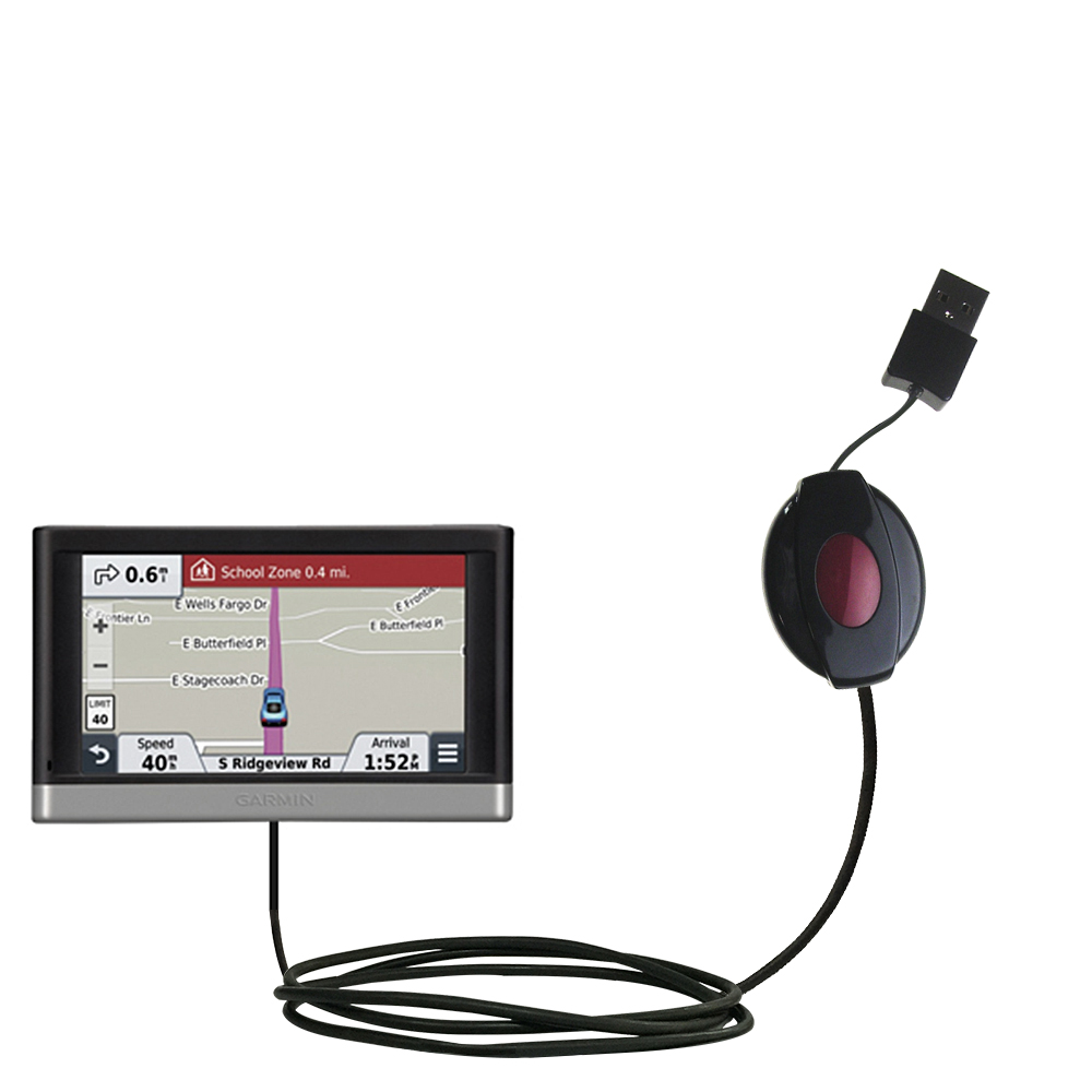 Retractable USB Power Port Ready charger cable designed for the Garmin nuvi 2457 / 2497 LMT and uses TipExchange