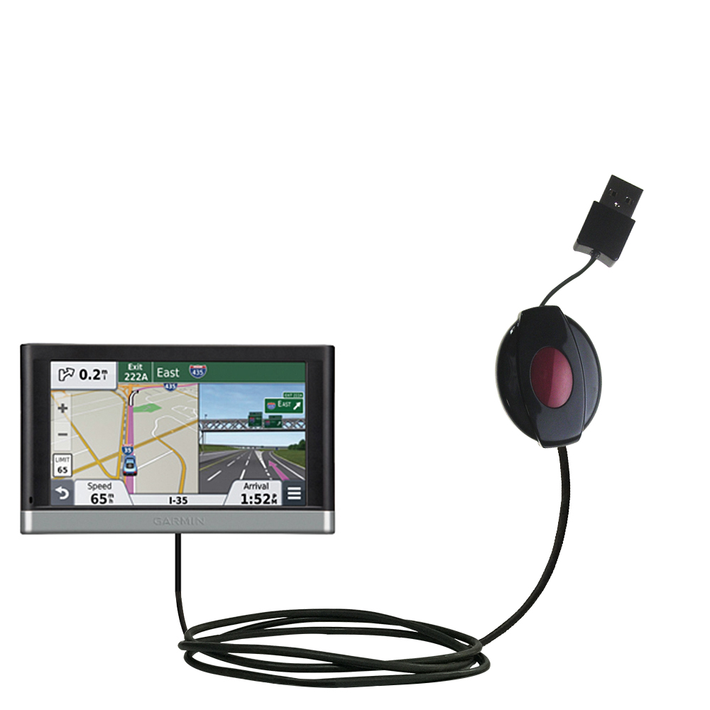 Retractable USB Power Port Ready charger cable designed for the Garmin nuvi 2757 / 2797 LMT and uses TipExchange