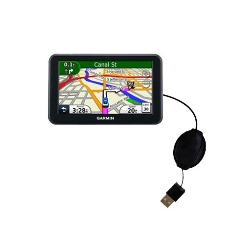 Retractable USB Power Port Ready charger cable designed for the Garmin Nuvi 3450 3450LM and uses TipExchange