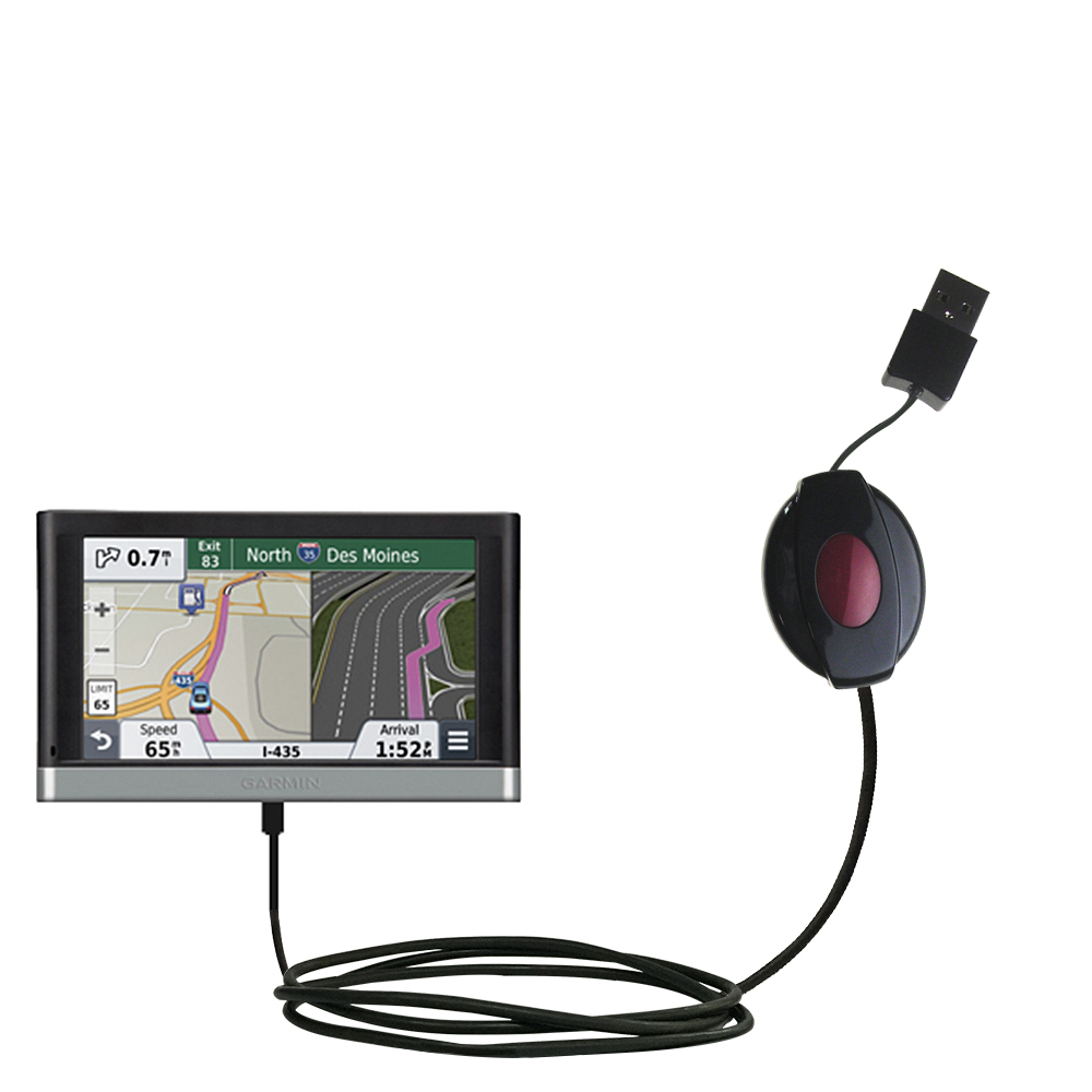 Retractable USB Power Port Ready charger cable designed for the Garmin nuvi 3597 LMTHD and uses TipExchange