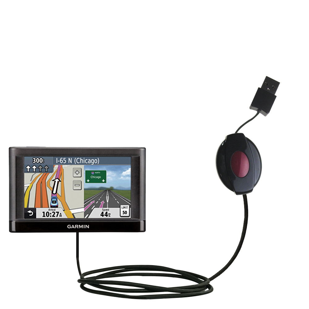 Retractable USB Power Port Ready charger cable designed for the Garmin nuvi 44 and uses TipExchange