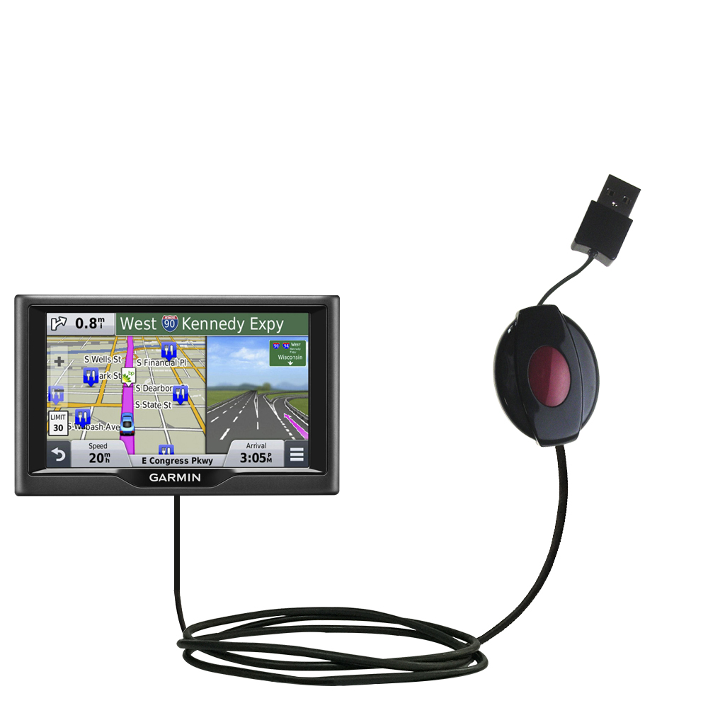 Retractable USB Power Port Ready charger cable designed for the Garmin nuvi 57 / 58 LM LMT and uses TipExchange