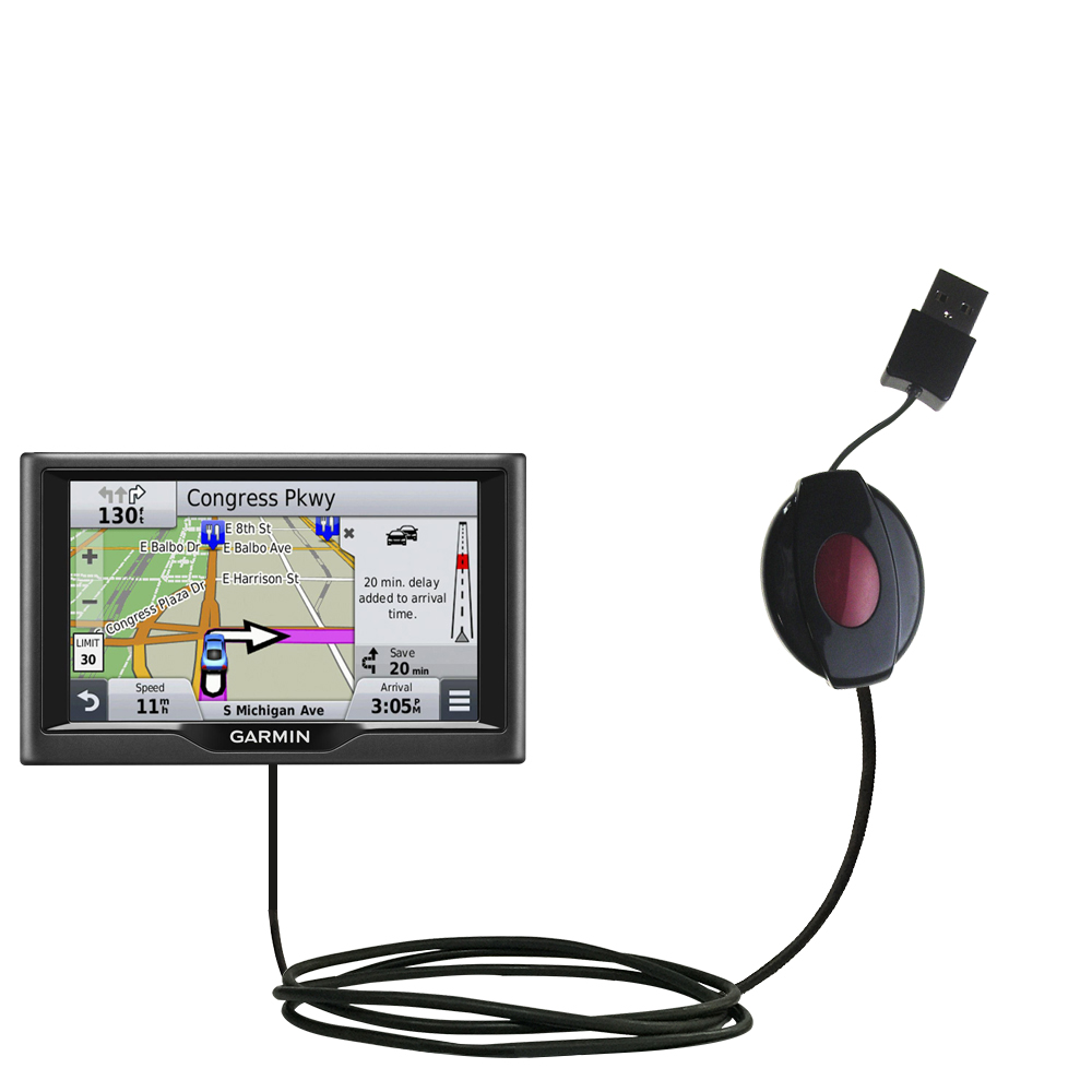 Retractable USB Power Port Ready charger cable designed for the Garmin nuvi 67 / 68 LM LMT and uses TipExchange