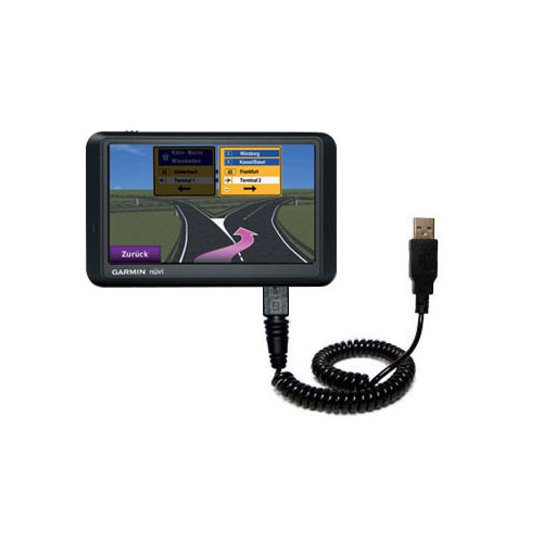 Coiled Power Hot Sync USB Cable suitable for the Garmin Nuvi 765TFM with both data and charge features - Uses Gomadic TipExchange Technology