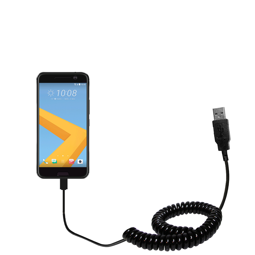 Coiled Power Hot Sync USB Cable suitable for the HTC 10 with both data and charge features - Uses Gomadic TipExchange Technology
