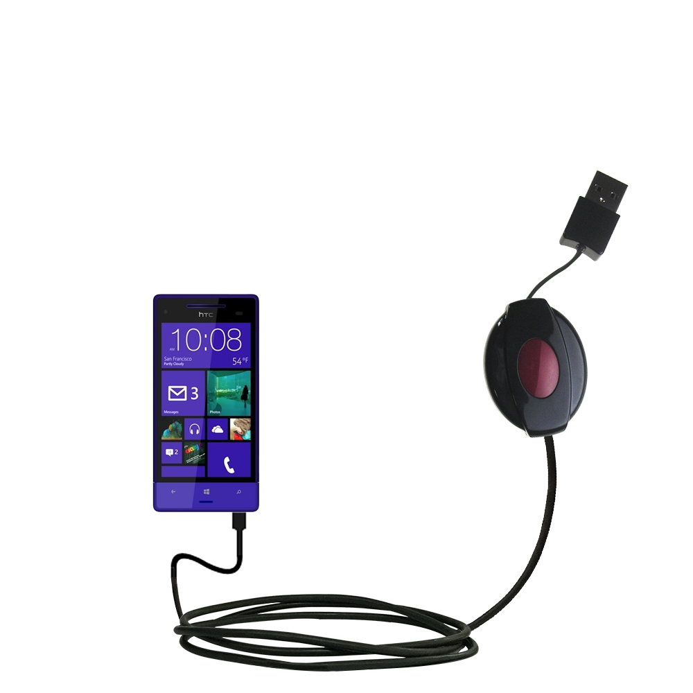 Retractable USB Power Port Ready charger cable designed for the HTC 8XT and uses TipExchange