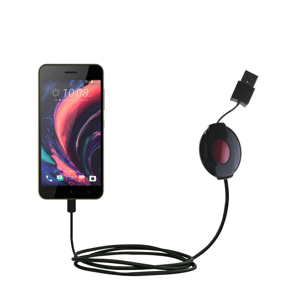 Retractable USB Power Port Ready charger cable designed for the HTC Desire 10 Pro / Lifestyle and uses TipExchange