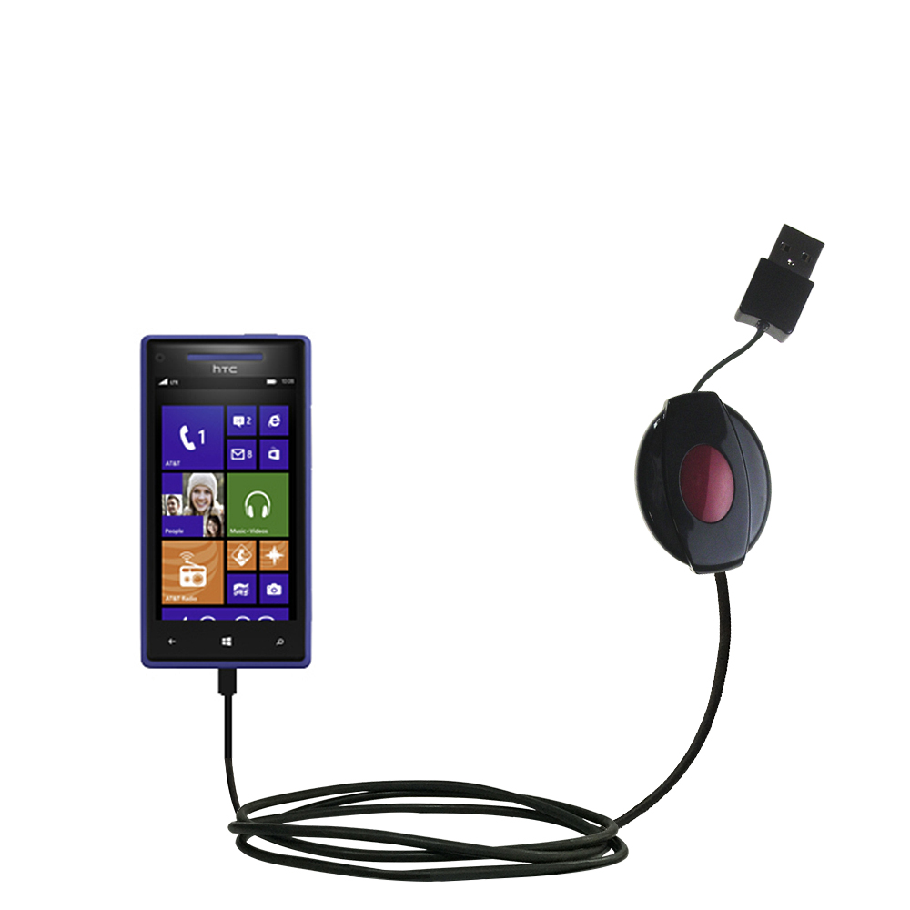 Retractable USB Power Port Ready charger cable designed for the HTC Windows Phone 8x and uses TipExchange