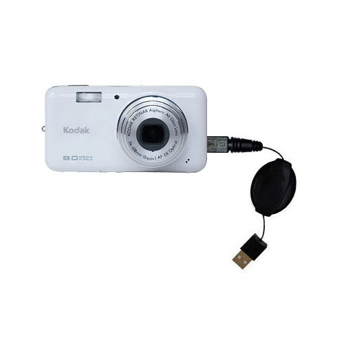 Retractable USB Power Port Ready charger cable designed for the Kodak V803 and uses TipExchange