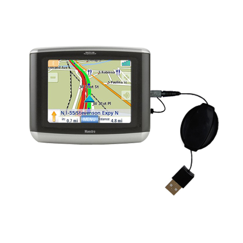 Retractable USB Power Port Ready charger cable designed for the Magellan Maestro 3100 and uses TipExchange