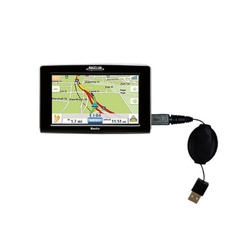 Retractable USB Power Port Ready charger cable designed for the Magellan Maestro 5310 and uses TipExchange