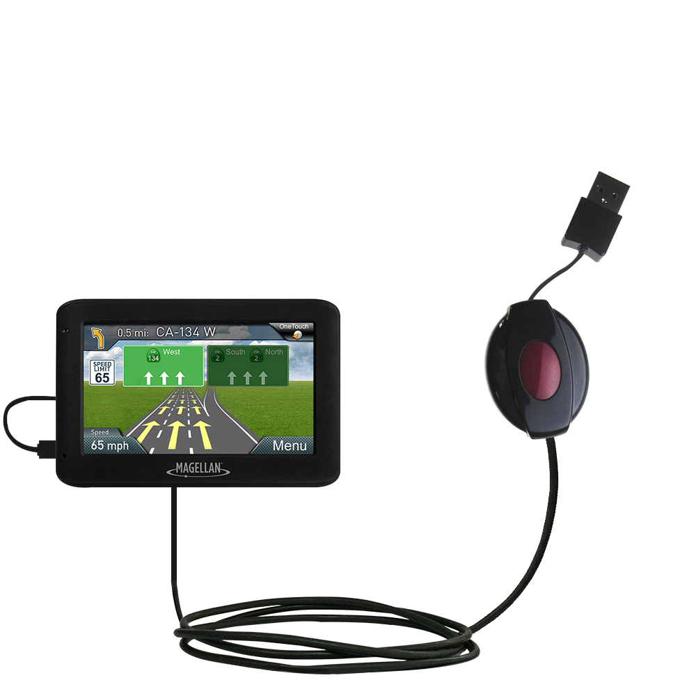 Retractable USB Power Port Ready charger cable designed for the Magellan RoadMate 2520 / 2525 / 2535 and uses TipExchange