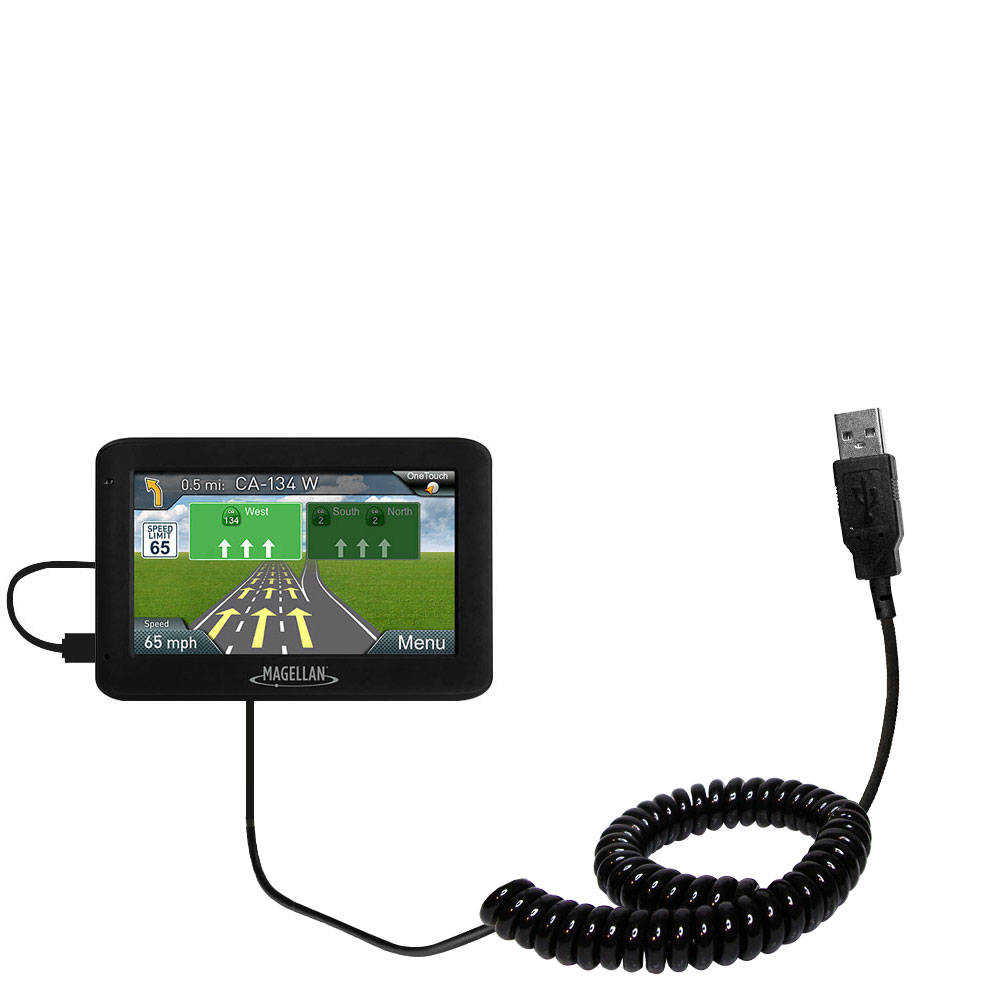 Coiled Power Hot Sync USB Cable suitable for the Magellan Roadmate 5620-LM / 5625-LM with both data and charge features - Uses Gomadic TipExchange Technology