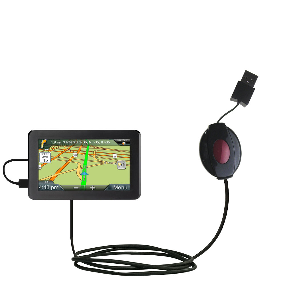 Retractable USB Power Port Ready charger cable designed for the Magellan Roadmate 9600 /  9612T / 9616T and uses TipExchange