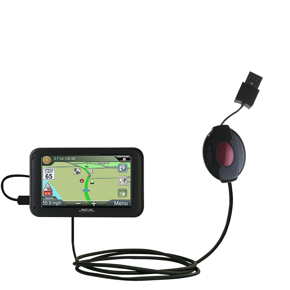 Retractable USB Power Port Ready charger cable designed for the Magellan Roadmate Commercial 5370T-LMB and uses TipExchange