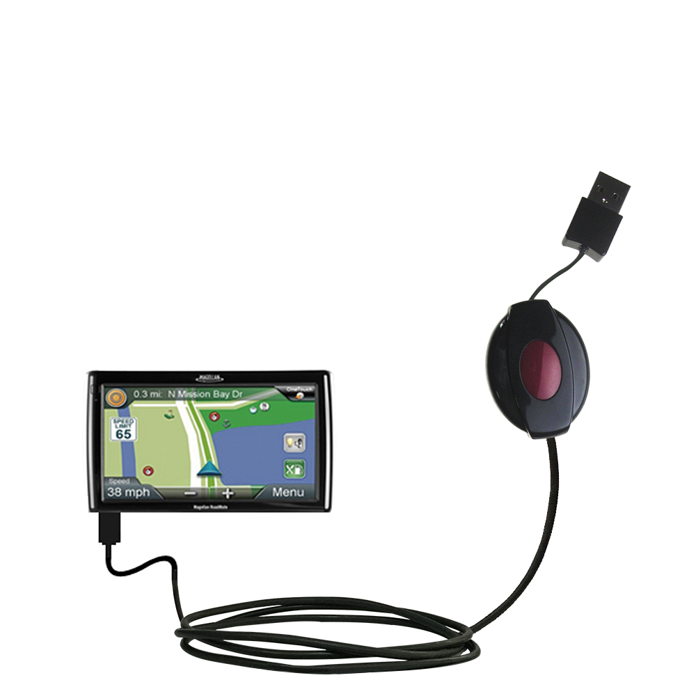 Retractable USB Power Port Ready charger cable designed for the Magellan Roadmate RV9145-LM and uses TipExchange