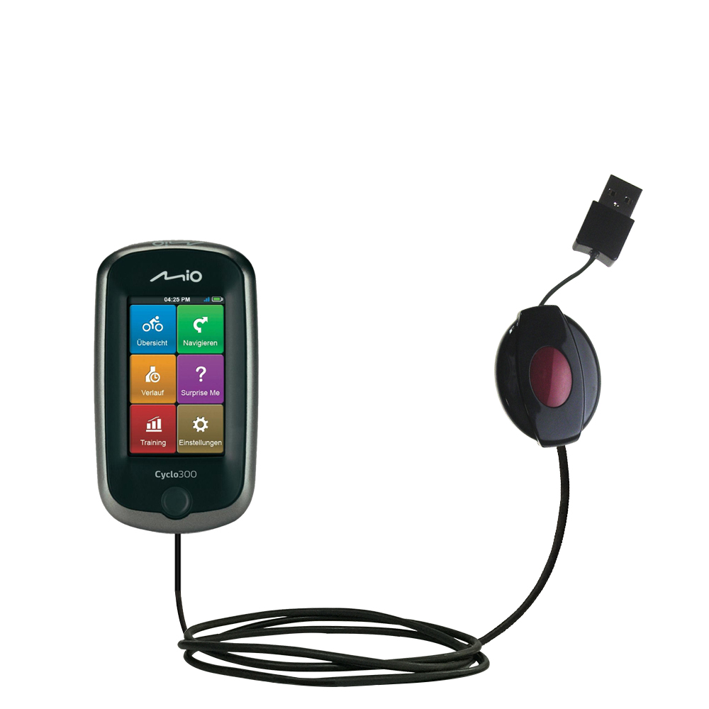 Retractable USB Power Port Ready charger cable designed for the Mio Cyclo 300 and uses TipExchange