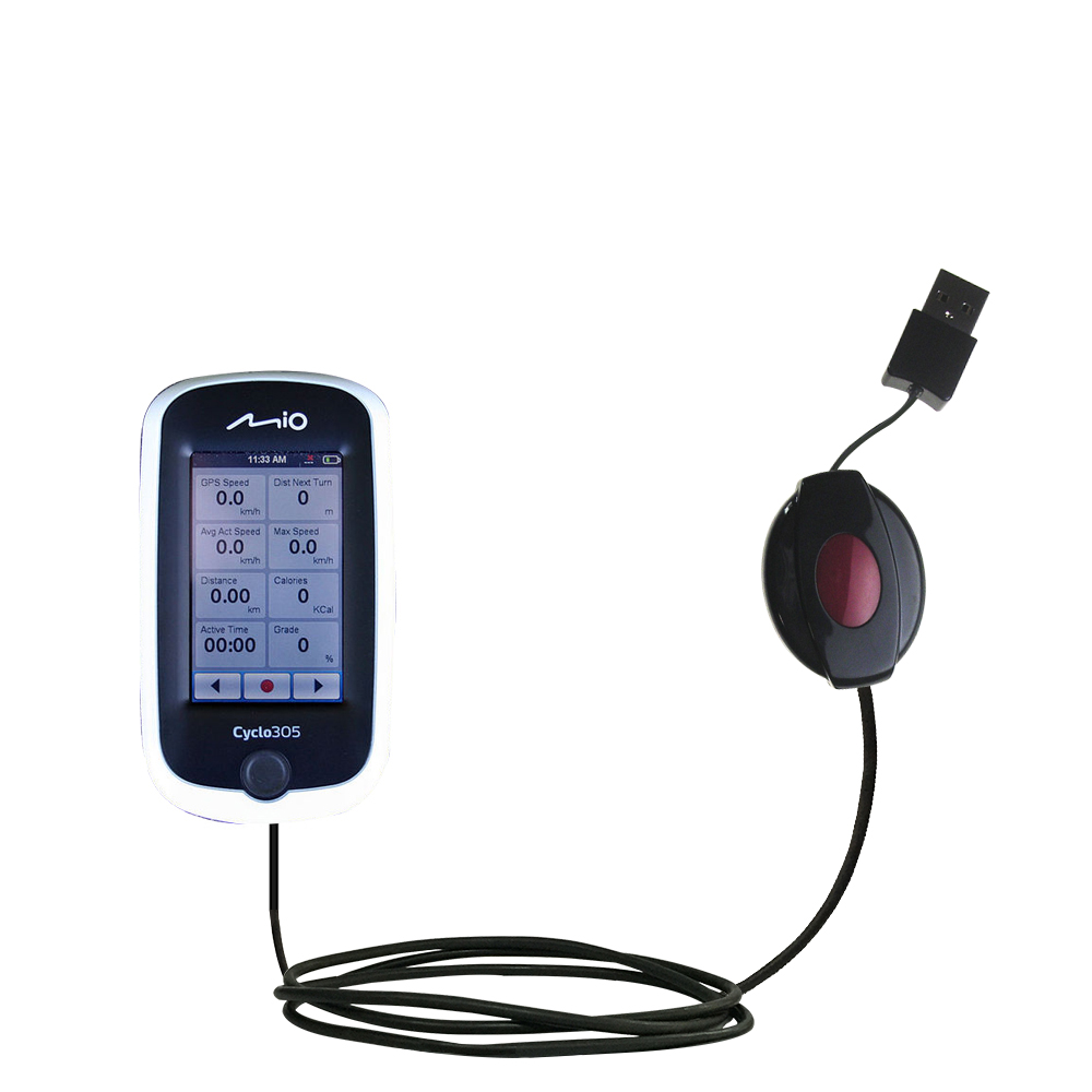 Retractable USB Power Port Ready charger cable designed for the Mio Cyclo 305 / 305 HC and uses TipExchange