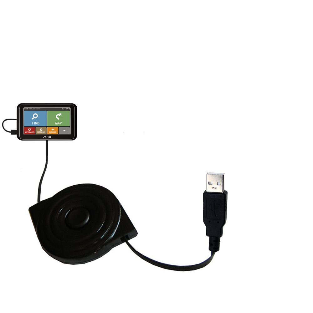 Retractable USB Power Port Ready charger cable designed for the Mio Spirit 6900 / 6950 / 6970 LM and uses TipExchange