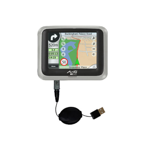 Retractable USB Power Port Ready charger cable designed for the Mio DigiWalker C250 and uses TipExchange