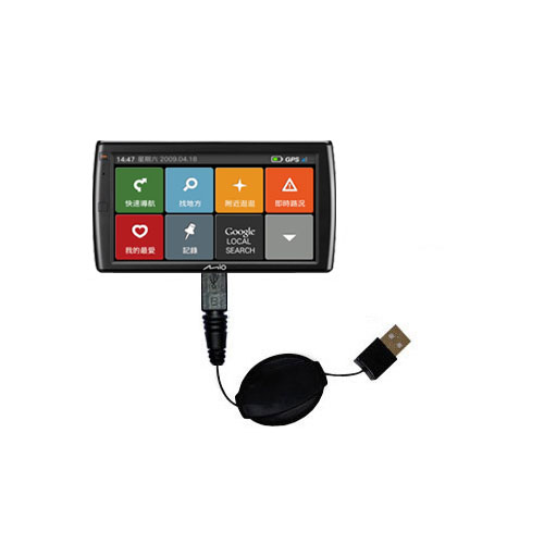 Retractable USB Power Port Ready charger cable designed for the Mio Moov V765 and uses TipExchange