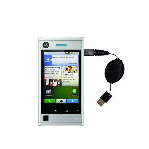 Retractable USB Power Port Ready charger cable designed for the Motorola Devour A555 and uses TipExchange
