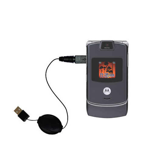 Retractable USB Power Port Ready charger cable designed for the Motorola RAZR V3c V3i V3m V3s V3x and uses TipExchange